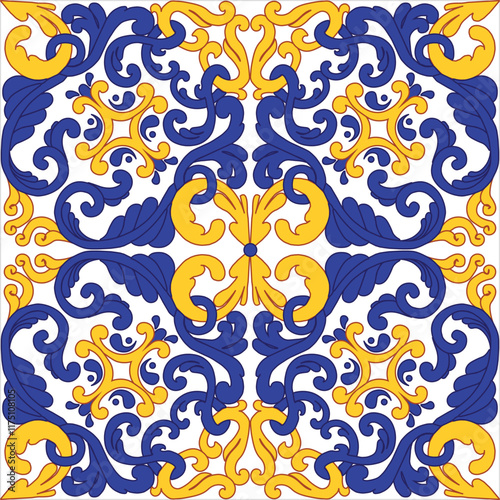 Traditional ceramic tiles azulejos vector illustration. Italian majolica seamless pattern. Classic Sicelian blue yellow Mediterranean print.