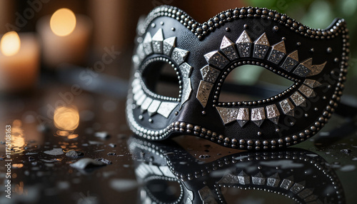 Black masquerade mask with silver details on reflective surface, elegant design photo