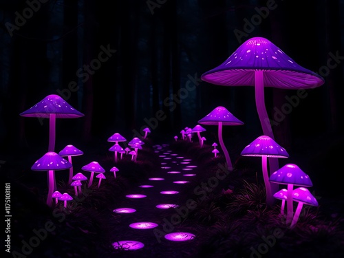 Enchanted Purple Mushrooms Glowing on a Dark Forest Path: Digital Fantasy Art AI Generated photo