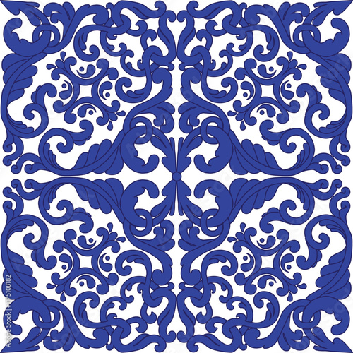 Traditional ceramic tiles azulejos vector illustration. Italian majolica seamless pattern. Classic Sicelian blue Mediterranean print.