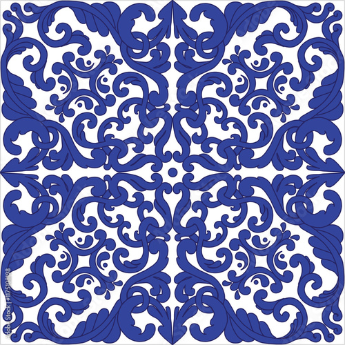 Traditional ceramic tiles azulejos vector illustration. Italian majolica seamless pattern. Classic Sicelian blue Mediterranean print.
