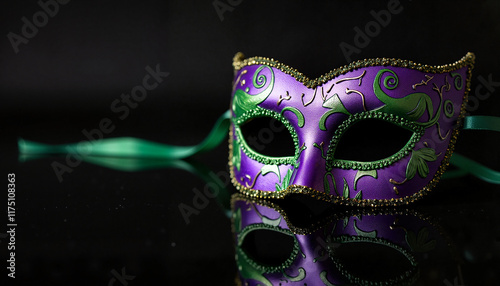  Purple and green Mardi Gras mask with gold details, reflective black surface photo