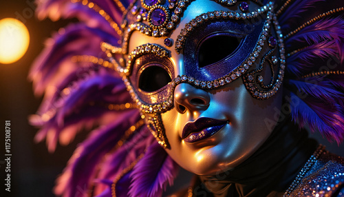 Dramatic purple feathered masquerade mask with jewels, glamorous lighting photo