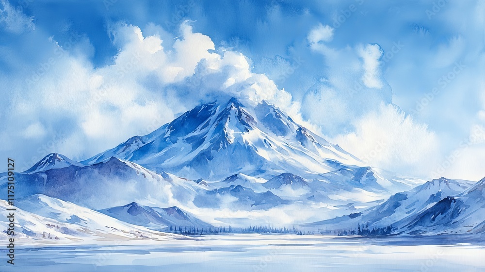 custom made wallpaper toronto digitalWatercolor Winter Mountainscape Majestic Snow Capped Peak Under a Cloudy Sky Peaceful Snowy Landscape with Blue Tones Minimalist Art