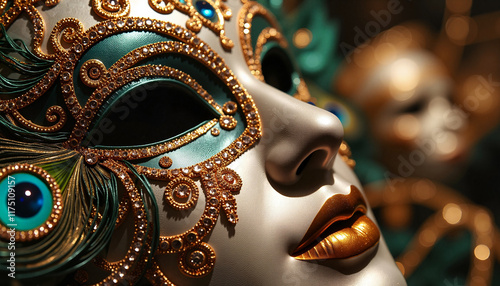 Ornate green and gold Mardi Gras mask with intricate beadwork, dramatic lighting photo