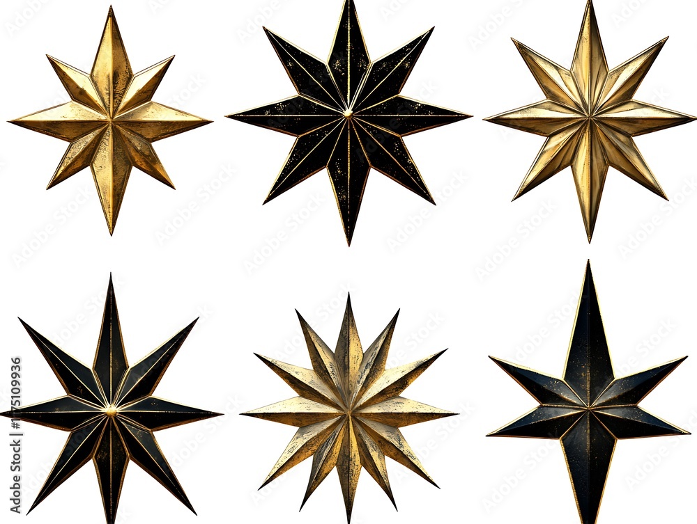 Obraz premium Abstract Star Icon Set Featuring Black and Gold Designs with Modern, Elegant, and Luxurious Styles for Branding, Decorations, and Digital Projects