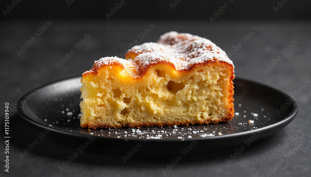 Slice of plain sponge cake with powdered sugar on black plate Slice of plain sponge cake with powdered sugar on black plate
