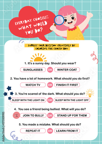 Flat design vector of cute, colorful decision-making printable worksheet for kids' activity. Learn English grammar and vocabulary in a fun way.