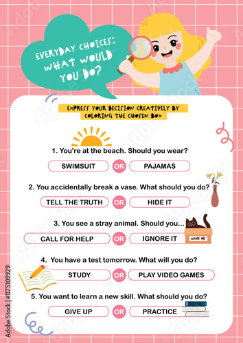 Flat design vector of cute, colorful decision-making printable worksheet for kids' activity. Learn English grammar and vocabulary in a fun way.