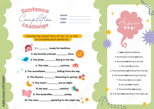 Flat design vector fun learning English vocabulary and grammar printable for kids activity, flat design vector sentence construction learning vocabulary printable education for kids fun activity