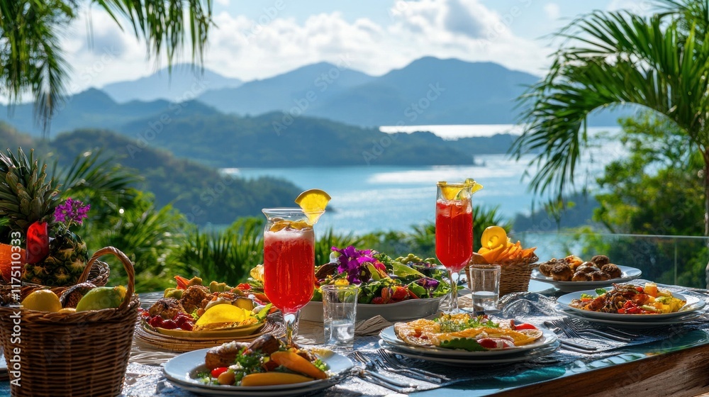 Fototapeta premium Luxurious breakfast spread for two, featuring vibrant dishes and drinks, with the tropical sea providing a breathtaking panoramic backdrop