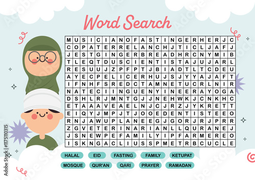 flat design vector cute kawaii Eid Mubarak ramadan crossword word search worksheet printable for kids activity