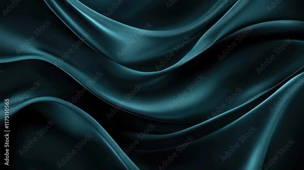 Fototapeta premium Luxurious dark green satin silk background featuring soft, wavy folds and a smooth, shiny texture, with ample space for text and design