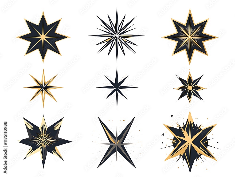 Abstract Star Icon Set Featuring Black and Gold Designs with Modern, Elegant, and Luxurious Styles for Branding, Decorations, and Digital Projects