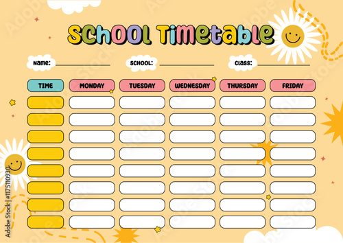 School timetable, weekly class schedule, school timetable template with cute and fun colorful cartoon illustrations, back to school weekly schedule, vector illustration.