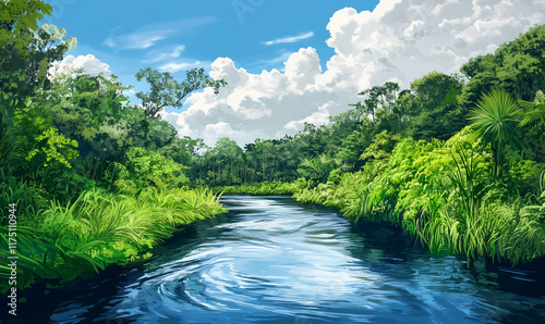 Winding river with lush greenery