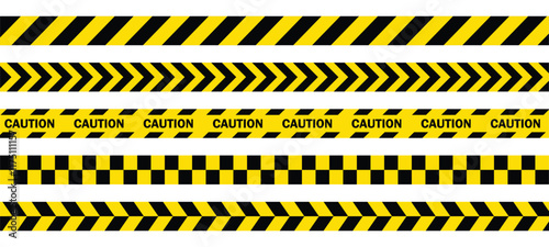 Caution tape set of yellow warning ribbons. Warning zone, danger tapes. Yellow stripes border. Caution tape. Do not cross.
