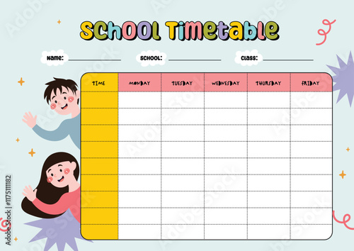 School timetable, weekly class schedule, school timetable template with cute and fun colorful cartoon illustrations, back to school weekly schedule, vector illustration.