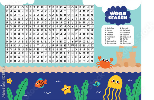 Flat design vector of English underwater animals. Learn English while teaching kids about different sea creatures and objects. Crossword activity printable worksheet for fun education.