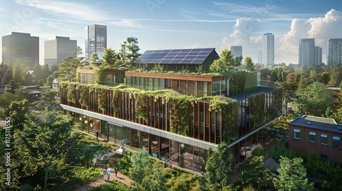 Sustainable corporate building with solar panels integrated into the facade surrounded by green rooftops  modern outdoor spaces in a growing city center. 