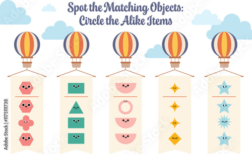 Flat design cute illustration vector for spot the same one matching object printable worksheet for kids activity