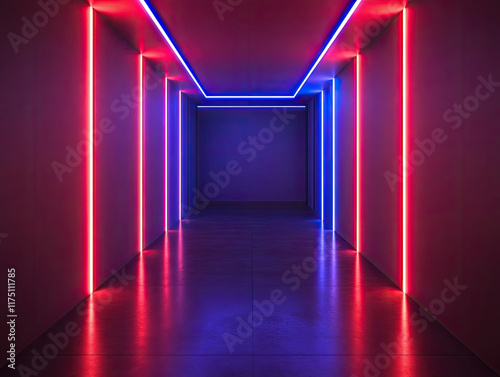 A modern, dark neon room with symmetrical red and blue LED light strips along the walls and ceiling, casting dramatic shadows 