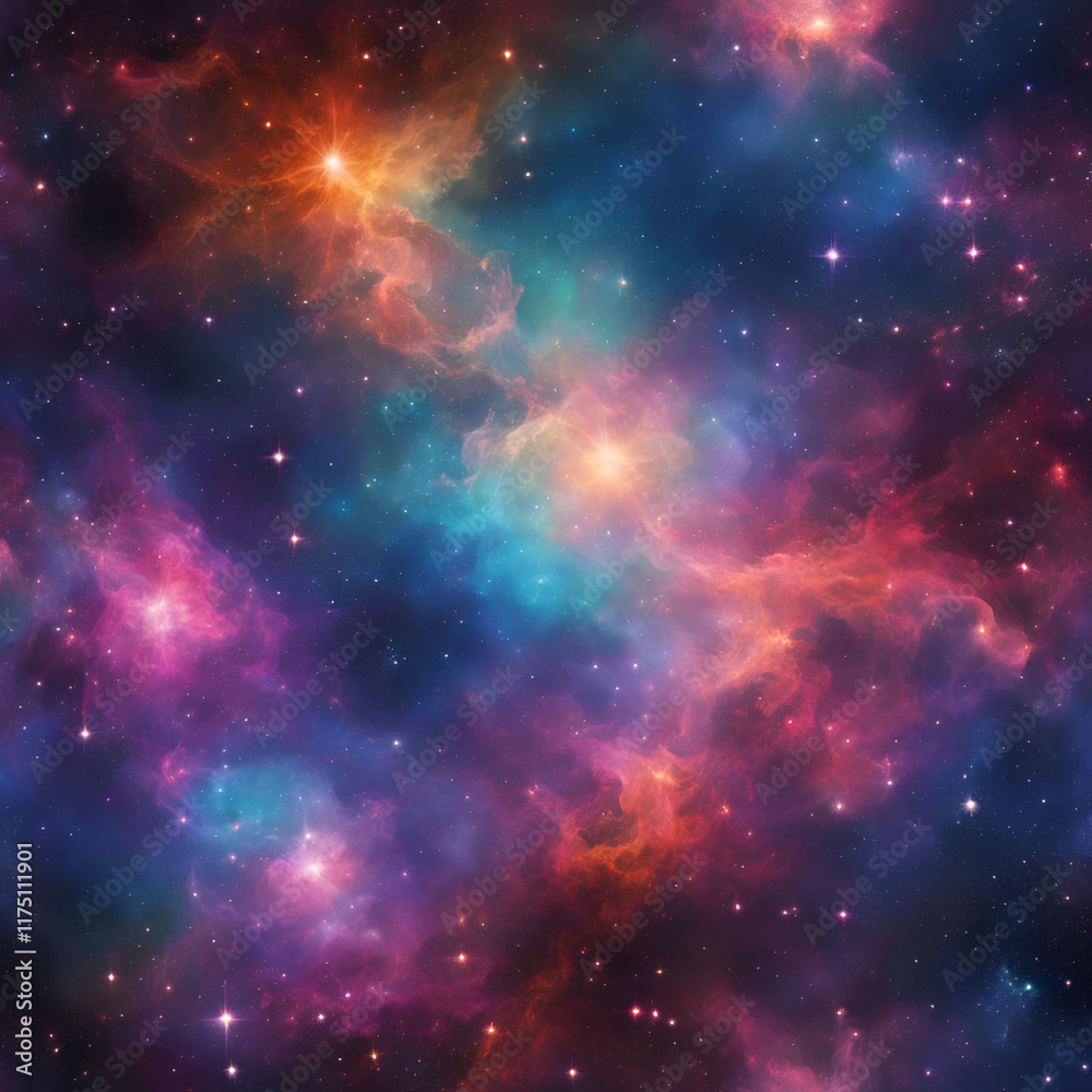 Obraz premium A vibrant cosmic nebula filled with swirling colors of purple, blue, and orange, scattered with twinkling stars, creating a mesmerizing and otherworldly space scene.