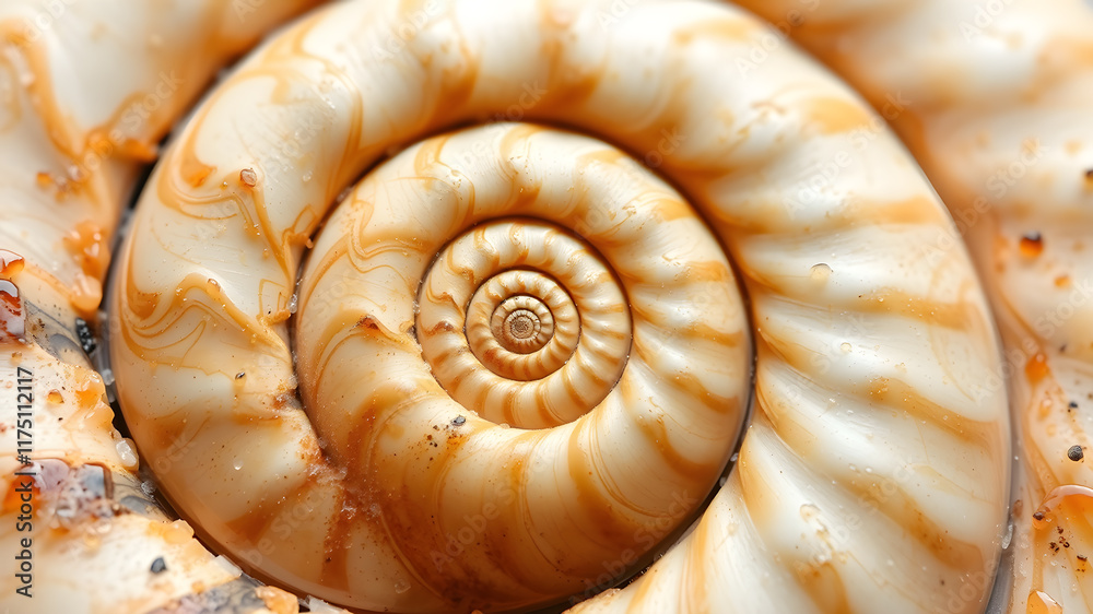 Fibonacci spiral. Close-up snail shell in the form of a fibonacci spiral. Nautilus shell. Generative AI Fibonacci spiral. Close-up snail shell in the form of a fibonacci spiral. Nautilus shell. Generative AI