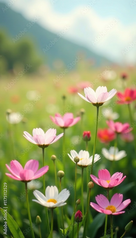 Fototapeta premium A field of white and pink flowers sway gently in the breeze, meadow, breeze