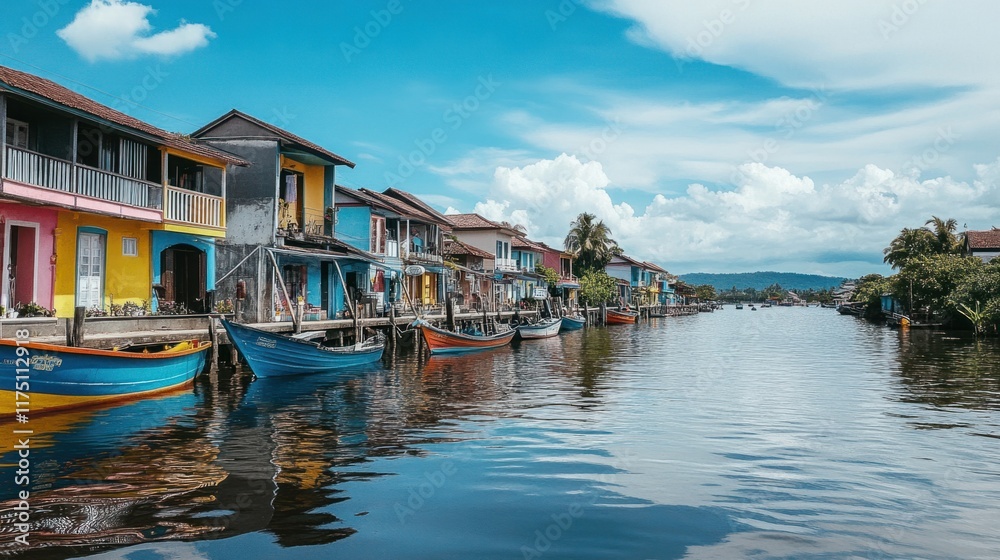 A bustling waterfront with charming houses in bold colors and vibrant boats moored along the canal A bustling waterfront with charming houses in bold colors and vibrant boats moored along the canal