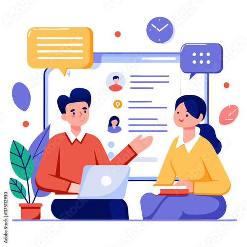 Two professionals engaging in an interview through an online platform while discussing key topics related to collaboration