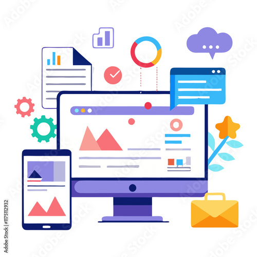 Concept of website marketing illustrated with computer and smartphone surrounded by graphs, charts, and colorful icons