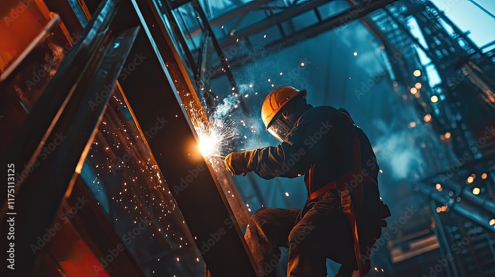 Fototapeta premium Welder working on a large metal structure at a construction site