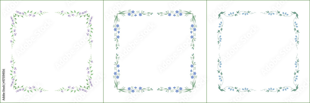 Set of three elegant green vegetal ornamental frame with blue flowers, decorative border. Isolated vector illustration Set of three elegant green vegetal ornamental frame with blue flowers, decorative border. Isolated vector illustration
