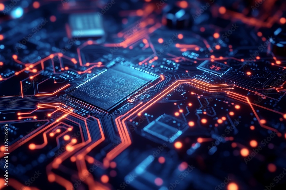Circuit board; glowing lines; central processor. Circuit board; glowing lines; central processor.
