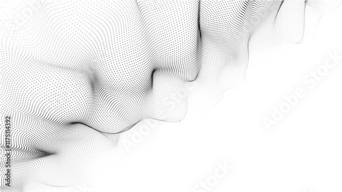 Wave in black and white. Big data visualization. Abstract background with interlacing dots. 3D rendering. Seamless loop.