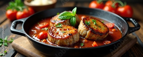 Cast iron pan filled with braised veal shanks, tomatoes, cast iron