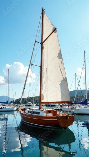 Classic wooden yacht in marina with sail up high, marinas, classic yachts, boats