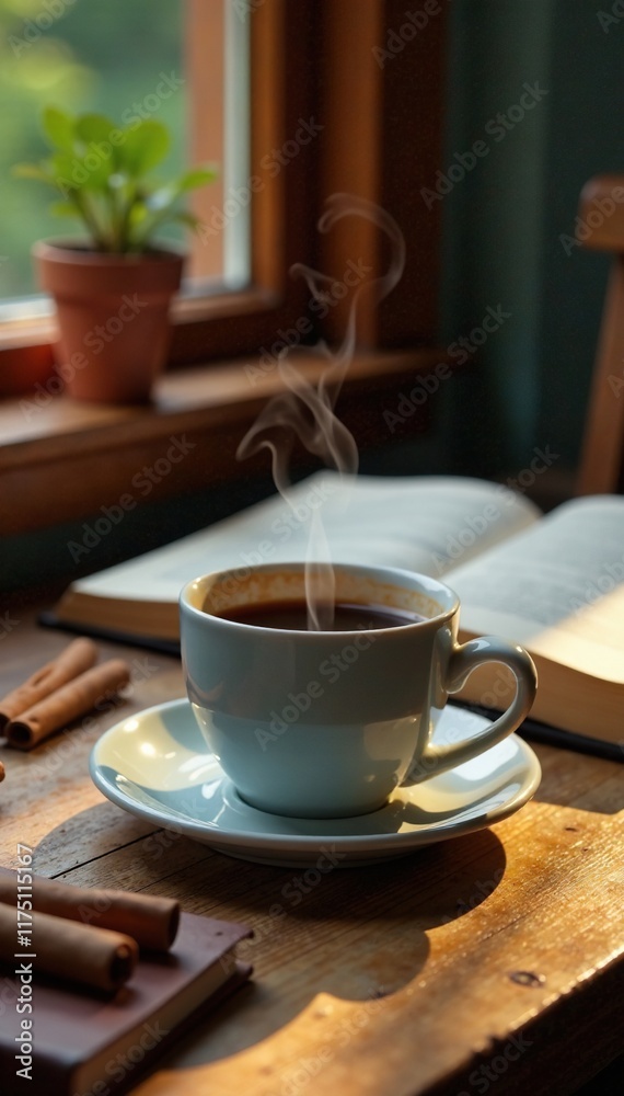 Cozy space with steaming cup of coffee and cinnamon on wooden desk, study, cinnamon Cozy space with steaming cup of coffee and cinnamon on wooden desk, study, cinnamon