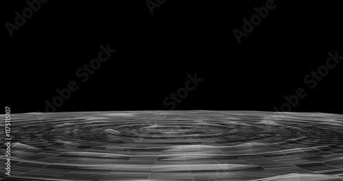 Abstract looped animation of low poly water circle waves. Black and white animated background asset by wireframe mesh. Luma luminance track matte footage. Cyberpunk 00s Y2k retro futuristic aesthetic.