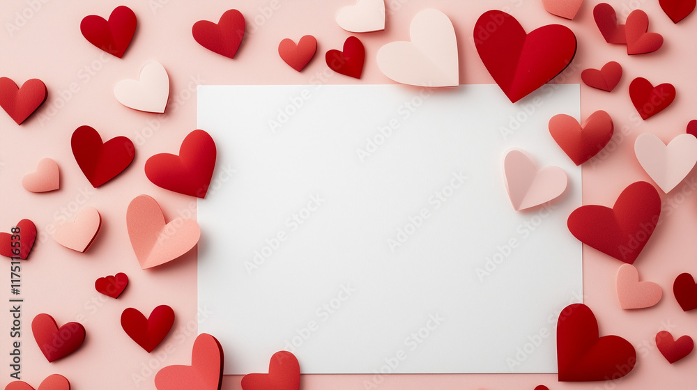Flat lay composition featuring various paper hearts on pink background, copy space Flat lay composition featuring various paper hearts on pink background, copy space