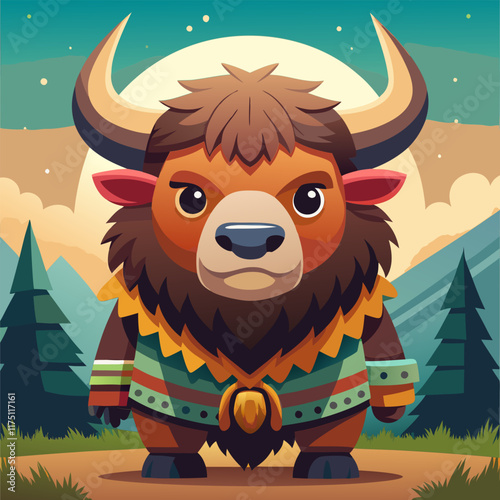 Cute. stylized yak character in a tribal outfit.