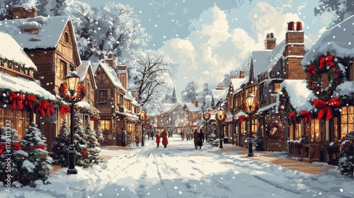 A Snowy Christmas Village Scene with Decorated Buildings and Red Bows on a Calm Winter Day
