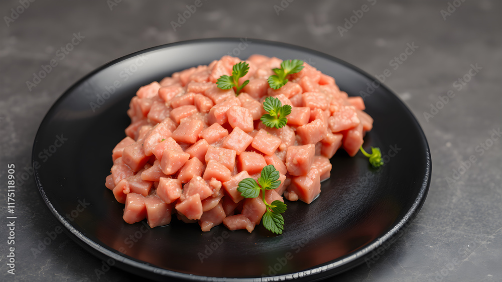 Fresh Raw mince, Minced beef, ground meat on black plate. Generative AI Fresh Raw mince, Minced beef, ground meat on black plate. Generative AI