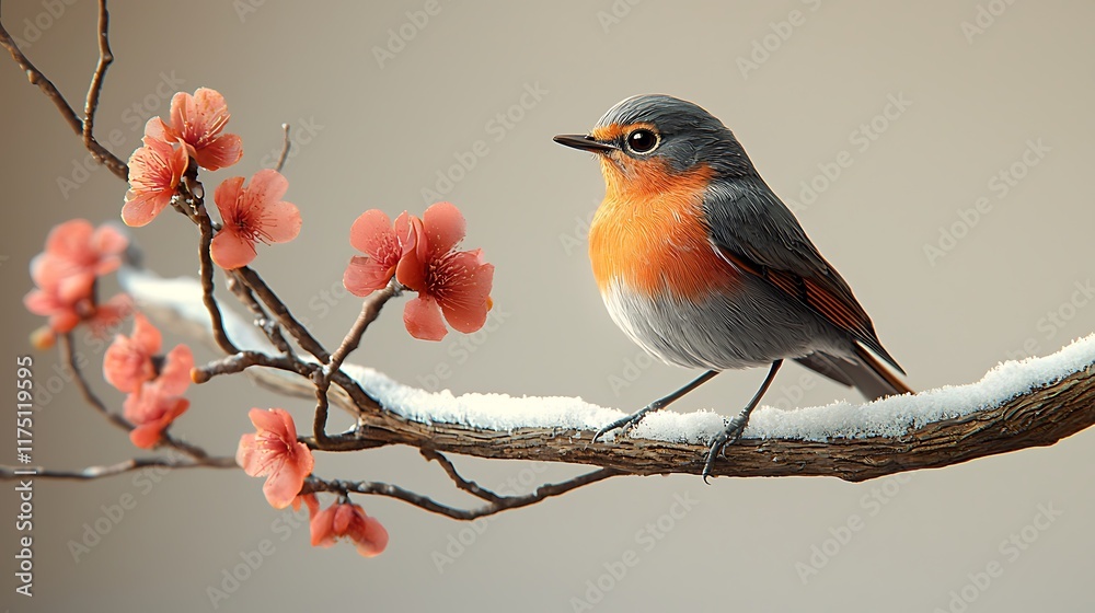 Robin bird perched on snow-covered branch with pink blossoms, serene winter scene, nature wallpaper. Robin bird perched on snow-covered branch with pink blossoms, serene winter scene, nature wallpaper.