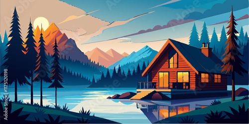 Cozy cabin nestled by a serene lake.