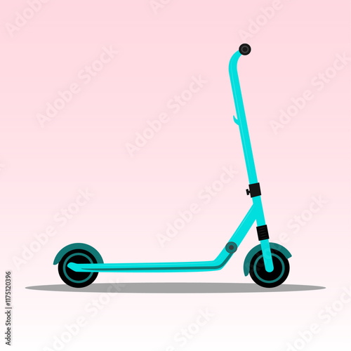 Bright turquoise scooter standing on a soft pink background, showcasing a modern design and simplicity in style