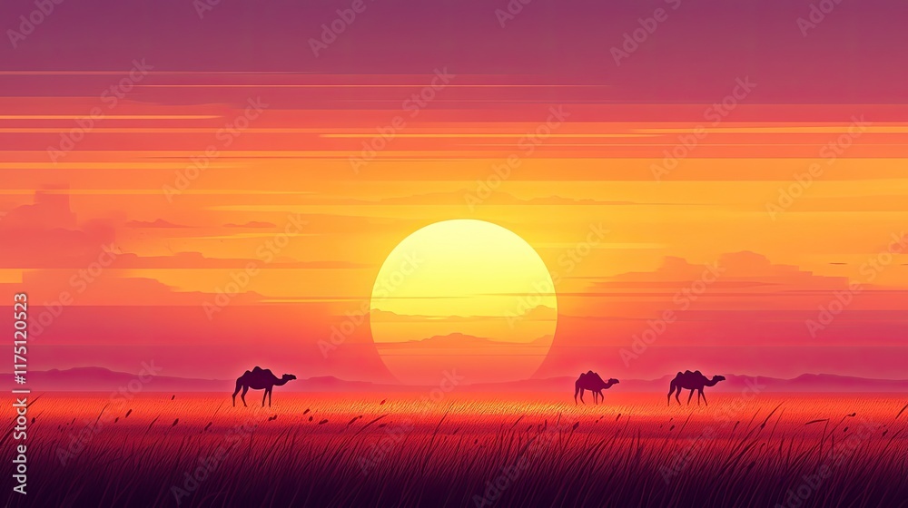 Camels Silhouetted Against a Vibrant Sunset Landscape Camels Silhouetted Against a Vibrant Sunset Landscape