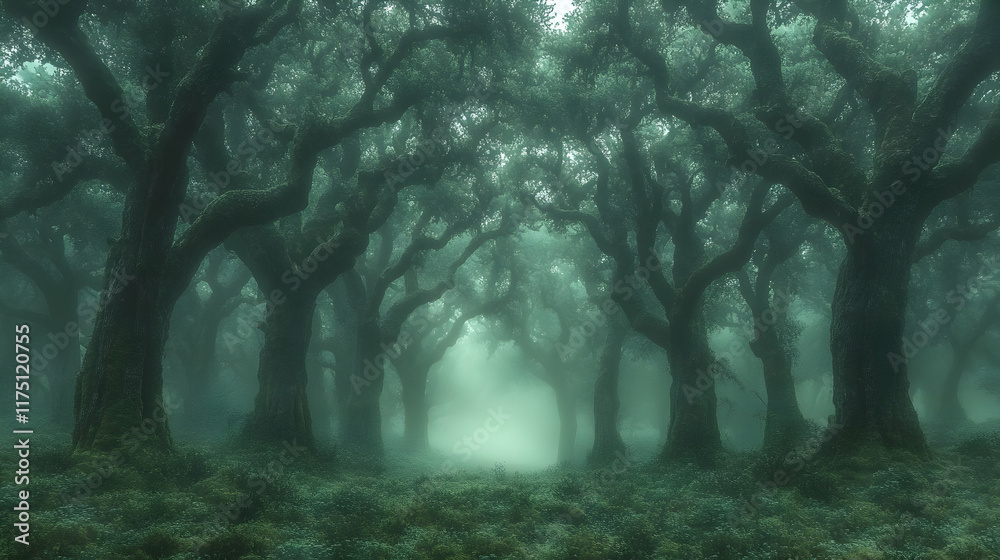 Mystical fog-shrouded forest path with ancient trees. Mystical fog-shrouded forest path with ancient trees.