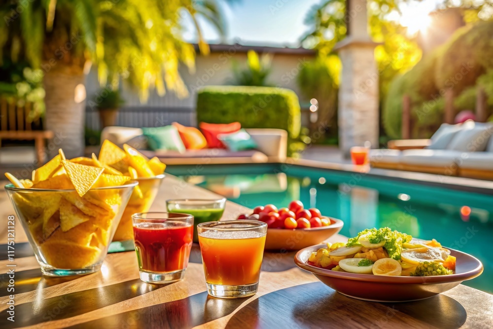 Fototapeta premium Relaxing Poolside Snack: Chips, Dip, and Drinks by the Pool Table